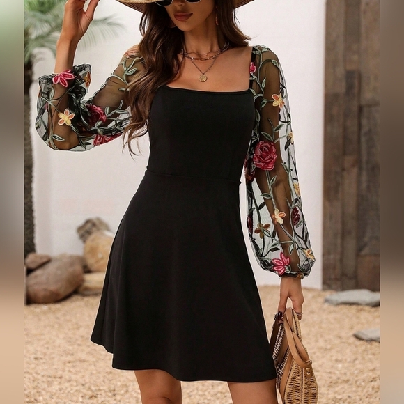 Black A-Line Holiday Casual Dress With Flower Sleeve - Picture 2 of 5